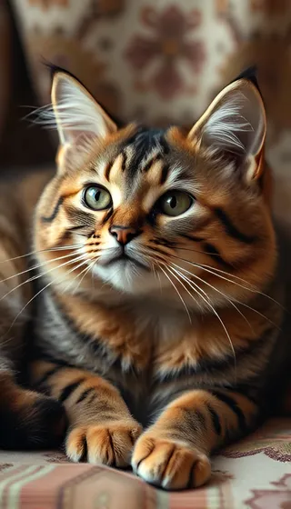 Close-up of a tabby cat with green eyes, detailed striped fur, and prominent whiskers resting on a patterned surface.