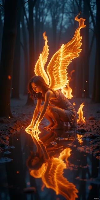A girl with wings made of bright flames crouches beside a water reflection in a dark forest, with her hands touching the fire-lit water surface.