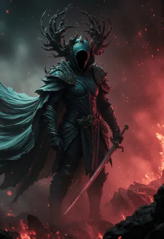 A towering skeleton knightess clad in intricate dark armor with a flowing cape and large twisted horned helmet stands wielding a long sword amid glowing red embers and mist.