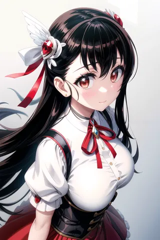 Anime girl Onodera Kosaki with dark hair, red ribbon bow, white blouse, and white wing-shaped hairpins with red gems.