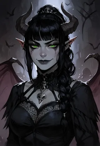Portrait of a seductive succubus demon girl with grey skin, black braided hair, green eyes, horns, bat wings, and gothic makeup in dramatic lighting.