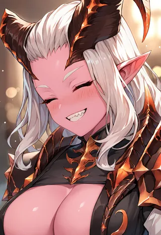 Portrait of a smiling demon girl with pink skin, white hair slicked back, red curled horns, sharp teeth, and ornate dark armor with red-gold accents.