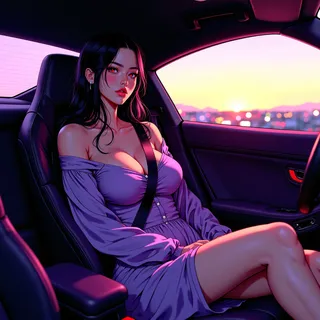A sensual woman wearing a violet off-shoulder smock dress sits in the passenger seat of a luxurious sports car with violet velvet interior at dusk, gazing thoughtfully toward distant city lights.