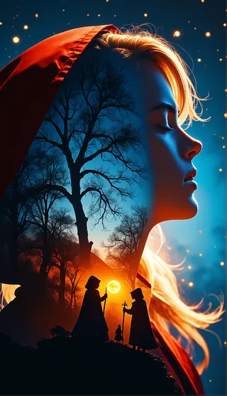 Double exposure portrait of a woman in a red hood with closed eyes, merging with a moonlit forest scene featuring silhouetted cloaked figures and bare trees.