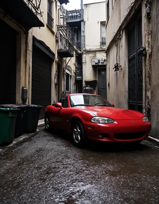 Red Mazda Miata sports car parked in a narrow, grimy alleyway with trash cans, puddles, and electrical wires overhead, captured in cinematic photorealistic style.
