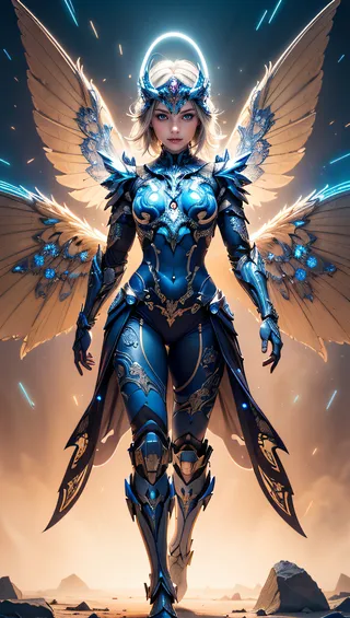 A female mechangel in detailed blue glowing armor with four large mechanical wings and a glowing halo stands in a dramatic, light-filled desert landscape.