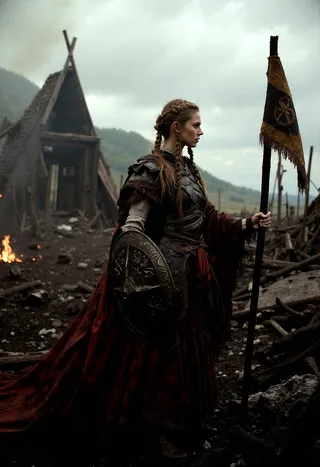 A Viking shieldmaiden stands confidently holding a tattered banner and round shield, dressed in scorched armor with braided hair, amidst the smoldering ruins of a Viking village.