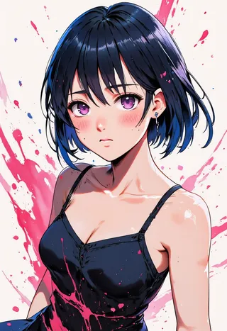 Close-up dynamic portrait of a youthful anime female with short dark blue hair, purple eyes, wearing a black dress with vibrant pink watercolor splatters and dramatic lighting.