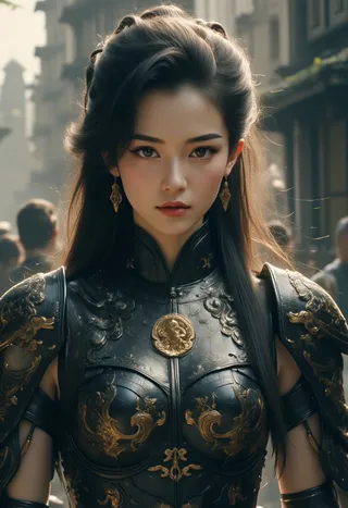 Close-up of a female warrior wearing intricate Chinese-style mech armor with golden dragon emblems, standing against a blurred ruined city background.