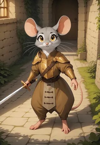 Anthropomorphic mouse character with grey and white fur, wearing medieval brown adventurer outfit and golden armor, holding a long sword in a dungeon corridor.