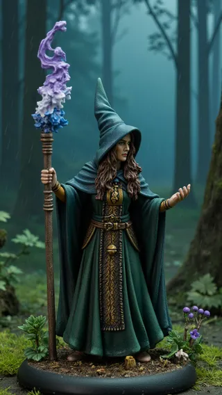 A detailed miniature of a sorceress in flowing dark green robes and a tall pointed hat, holding a staff with purple and blue magical energy, standing in a stormy, rain-filled forest setting.