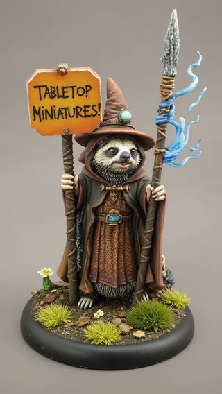 A detailed miniature figure of a sloth dressed as a mage in a brown robe holding a magic staff with blue magical effects in one hand and a sign reading 'Tabletop Miniatures!' in the other, standing on a scenic base with grass and flowers.