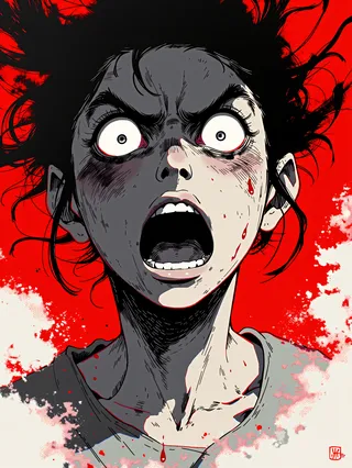 Hand drawn anime portrait of a young woman screaming with a determined expression, featuring dominant black and red colors and crayon stroke textures.