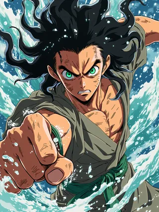 Anime style male character with long flowing black hair and intense green eyes delivering a powerful punch surrounded by dynamic water splashes.