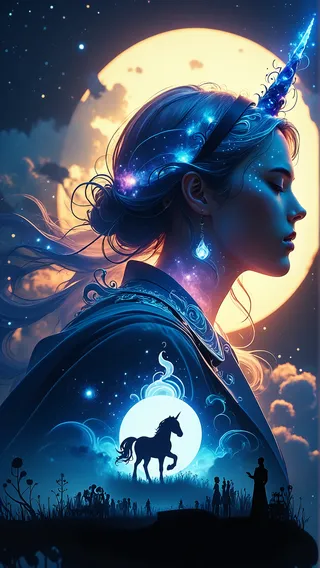 Profile of a woman with a glowing unicorn horn and cosmic patterns in her hair, set against a large moon and starry night sky with a unicorn silhouette in front of a bright moon.