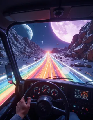 First person perspective from inside a truck driving along a glowing rainbow glass road that floats in outer space, surrounded by rocky terrain and large planets in the cosmic sky.