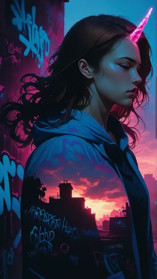 Profile of a young woman with glowing unicorn horn, brown hair and blue hoodie, featuring double exposure cityscape sunset and graffiti wall backdrop.