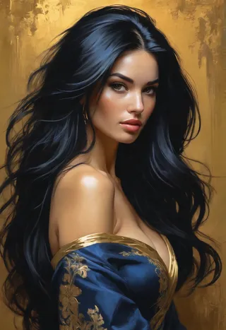 Portrait of a woman with long black flowing hair in an elegant pose, wearing a dark blue and gold detailed garment against a gold-toned background, rendered in a soft-focused comic art style.