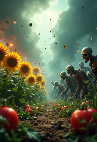 Bright sunflowers and tomatoes on the left shoot seeds at a horde of sinister zombies approaching from the right under a dramatic cloudy sky.