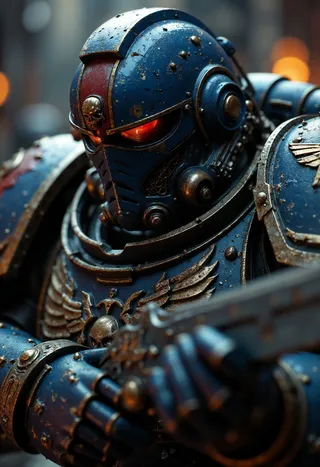 Close-up cinematic film still of UltraM40k wearing richly detailed blue power armor and helmet, glowing red eyes, holding a combat knife with a moody, vibrant background.