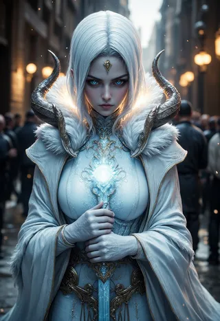 A female elf white mage with piercing blue eyes and silver hair, dressed in detailed ornate armor holding an intricately designed masterwork sword glowing with bright blue-white light.