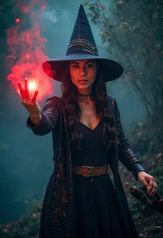 A female wizard in a tall pointed hat and dark patterned robe casting a glowing red magic spell with a swirling vortex effect in a misty forest setting.