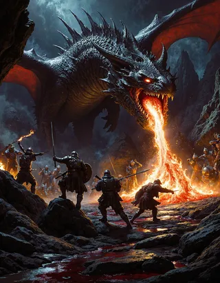 Massive dragon with fiery eyes unleashing fiery breath on medieval warriors in a dark cavern illuminated by flames and torches.