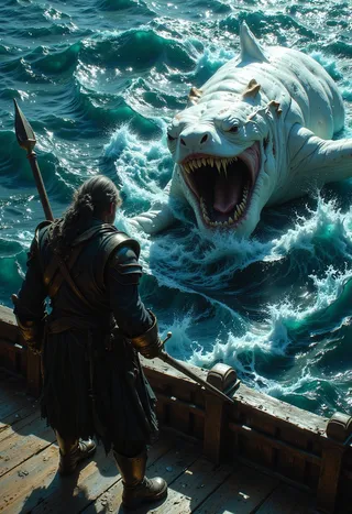 One-legged whaler captain on 19th century ship deck wielding harpoon, confronting an angry white sperm whale attacking the ship in turbulent sea.