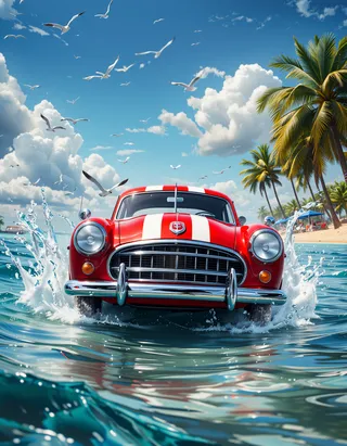 A classic red car with white racing stripes splashes through shallow ocean water near a tropical beach lined with tall palm trees under a bright blue sky filled with clouds and flying seagulls.
