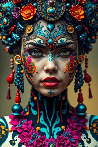 Photorealistic portrait of a woman with intricate face paint and tattoos, vibrant floral headdress, ornate jewelry, and detailed makeup in vivid colors.