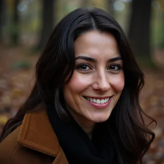 Close-up portrait of a mature woman with a serene smile and detailed skin, set in a fall forest with rich autumn background colors.