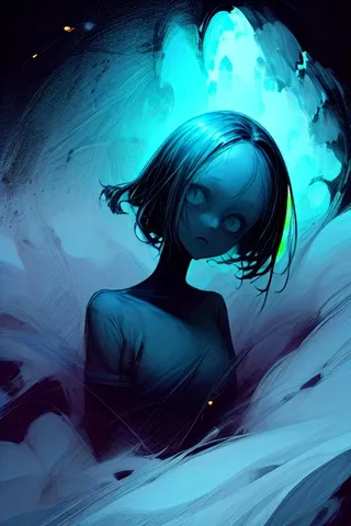 A shadowy figure of a girl with hollow eyes illuminated by an eerie blue glow from a blackhole in space, surrounded by cosmic mist and darkness.