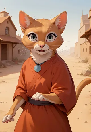 A cute orange fur cat wearing a red tunic and blue amulet standing in a desert village, depicted in Beatrix Potter style with a dynamic pose.