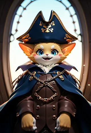 3D digital art of a furry yellow cat with blue eyes dressed as a pirate wearing a navy blue cape and a pirate hat with a skull emblem, standing in front of an arched window.