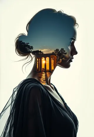 Silhouette of a woman in profile filled with a double exposure of a Greek temple at sunset with crisp, hyperdetailed lines