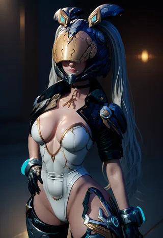 A futuristic female character wearing a white high-leg leotard, detailed mechanical legs, a large ornate helmet obscuring her eyes, twin ponytails, black gloves, a choker, and armor with gold accents.