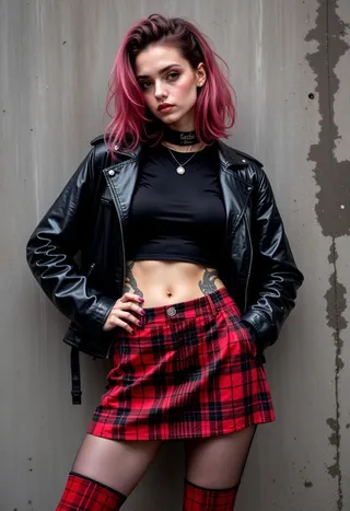 A 22-year-old goth woman in 1996 style wearing a tight black cropped t-shirt, black leather biker jacket, red tartan microskirt, sheer black tights, and blood red boots. Her messy, shoulder-length hair is dyed multiple colors.