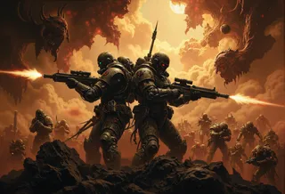 Two armored space marines back to back, firing rifles with muzzle flashes, surrounded by numerous glowing-eyed monsters amidst a smoky, ominous environment with backlit god rays.