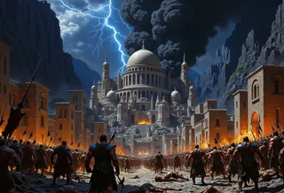 Massive horde of muscular barbarians armed with axes and spears invading a ruined and burning stone city with a huge domed temple, under a stormy night sky illuminated by lightning, surrounded by dark rocky mountains.