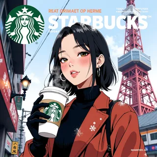 Stylish anime woman in winter fashion holding a steaming Starbucks coffee cup beside Tokyo Tower with a magazine cover style design.
