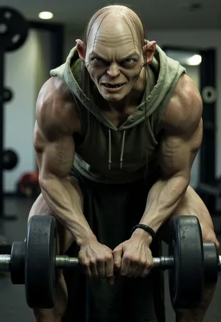 A highly muscular, roided-out Smeagol wearing a sleeveless hoodie curls a massive dumbbell in a realistic gym setting, showing intense focus.