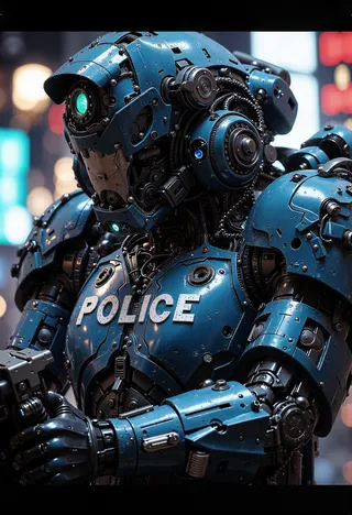 Close-up of a heavily armored blue cyberpunk police robot with detailed mechanical parts, glowing elements, and a tactical helmet.