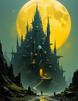 A massive Gothic-inspired castle with numerous spires and towers, illuminated by a large golden-yellow moon, set in a misty, celadon and nickel gray tinted cityscape.