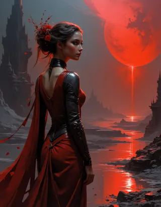 A beautiful woman in dark fantasy attire stands by a reflective river under a large, glowing red moon, surrounded by misty gothic castles with dramatic lighting.