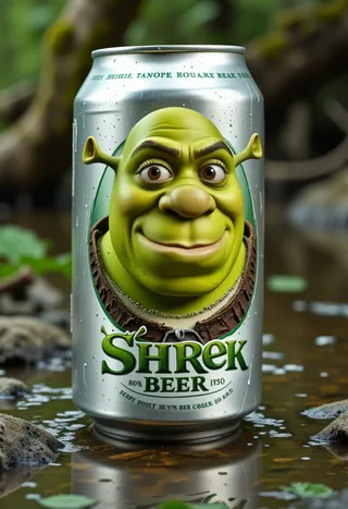 Photo realistic silver aluminum can of Shrek Beer with a detailed Shrek face illustration, placed in a swamp with water and rocks.