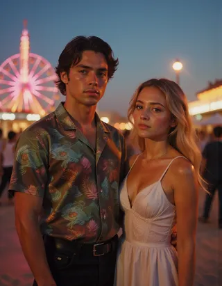 Portrait of a handsome young man with dark hair in a patterned Hawaiian shirt standing beside a blonde girl in a white angel costume dress, with neon-lit ferris wheel and party at Santa Monica in the background during evening.
