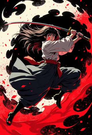A female samurai in retro anime style swings a katana fiercely in a dynamic pose with blood streaks on her face, surrounded by swirling red and black sand.