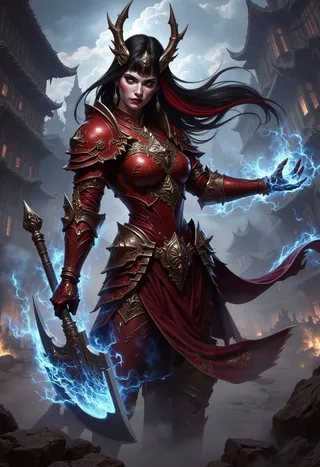 A female demon hellknight wearing ornate red plate armor with gold embellishments, wielding a spiked battleaxe charged with blue electricity, standing in a smoking fantasy city street.