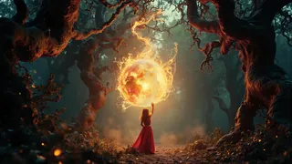 A magical forest illuminated by a glowing golden sphere, with a young elven princess in a red dress raising her hand towards it, surrounded by glowing particles and mythical runes.