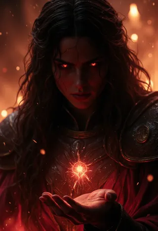 Close-up of an evil face with glowing red eyes holding a fiery magical orb, wearing intricately patterned knight armor in a dark fantasy setting.